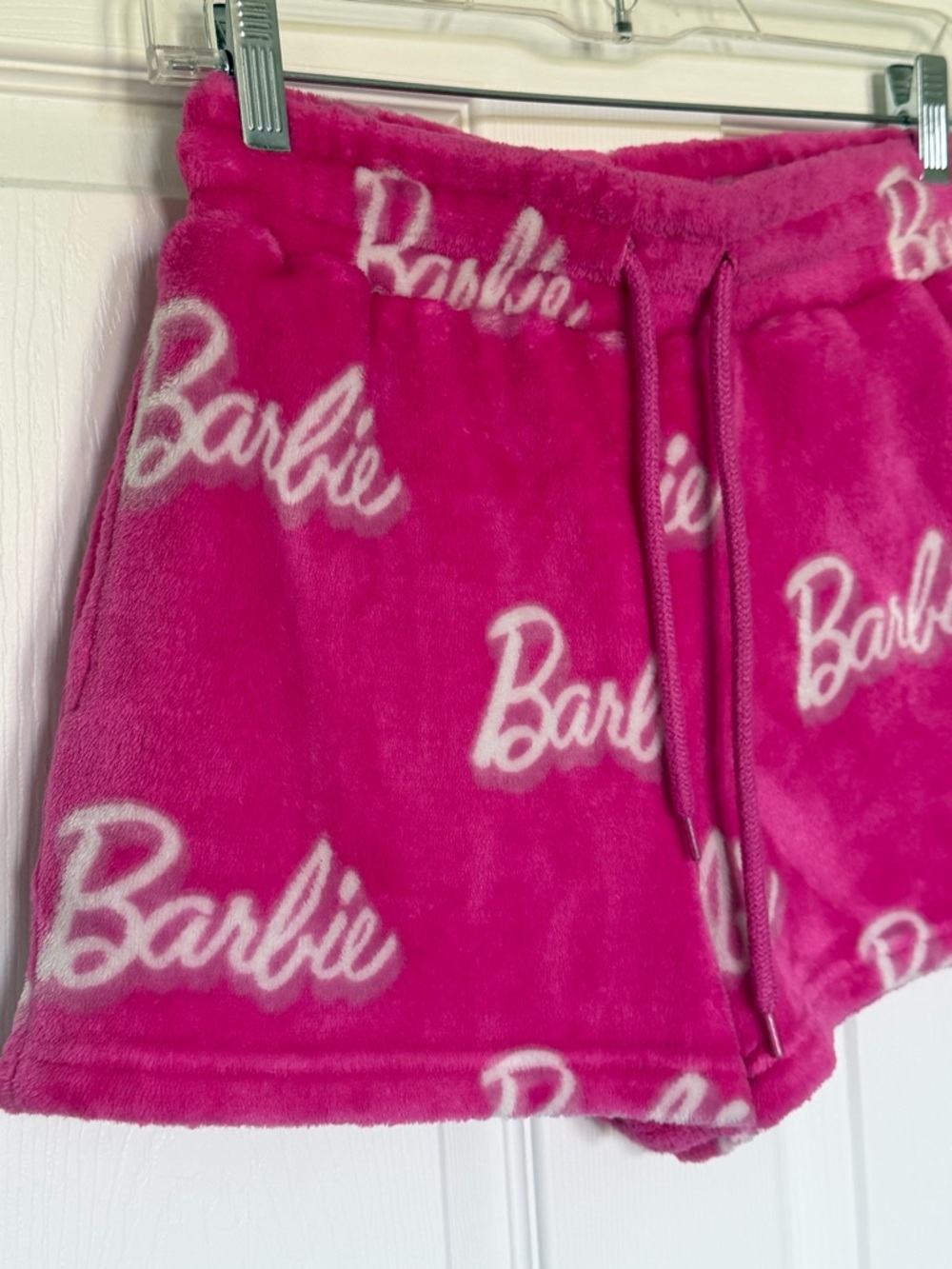 BARBIE Plush Lounge Shorts Pink Logo Fleece Pajama Sleep Shorts Size Small - Picture 13 of 14